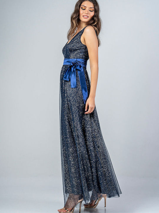 Bellino Maxi Evening Dress Open Back with Tulle Navy Blue