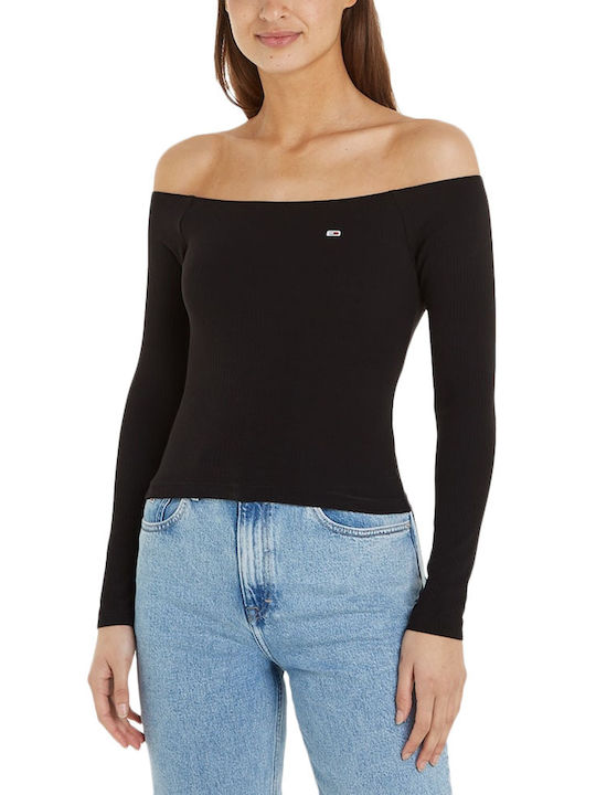 Tommy Hilfiger Women's Blouse Cotton Off-Shoulder Long Sleeve Black