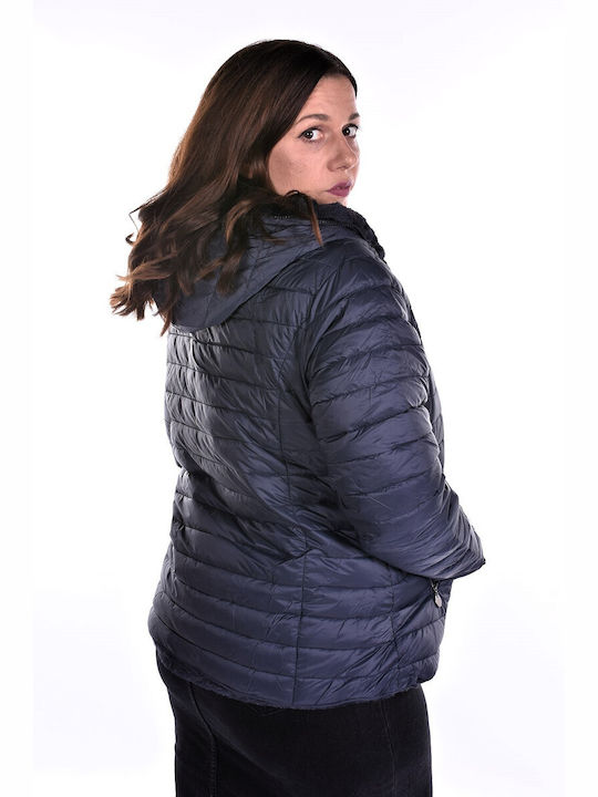 Raiden Women's Short Puffer Jacket Double Sided for Winter Blue