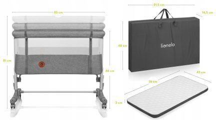 Lionelo Λίκνο Aurora με Στρώμα, Πλαϊνό Άνοιγμα και Ρόδες Gray Graphite