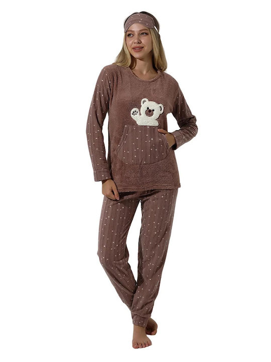 Fawn Winter Damen Pyjama-Set Vlies Braun