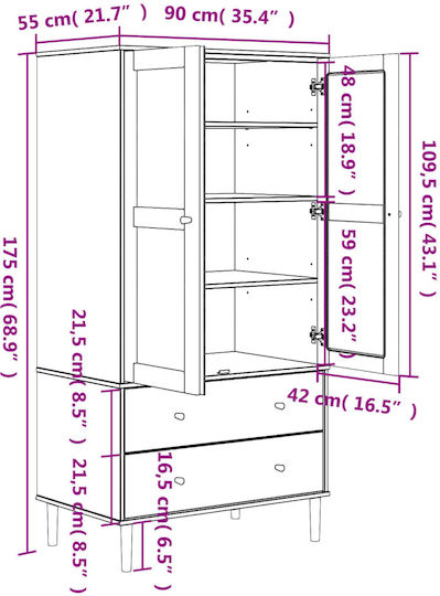 Δίφυλλη Ντουλάπα με Καθρέπτη Μαύρο 90x55x175cm