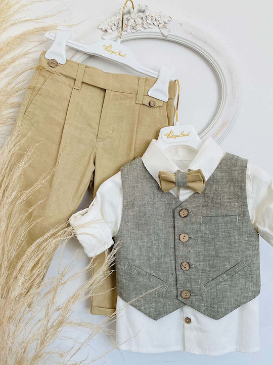 Vintage Soul Costum de Botez cu Vestă pentru Băiat Bej 4buc