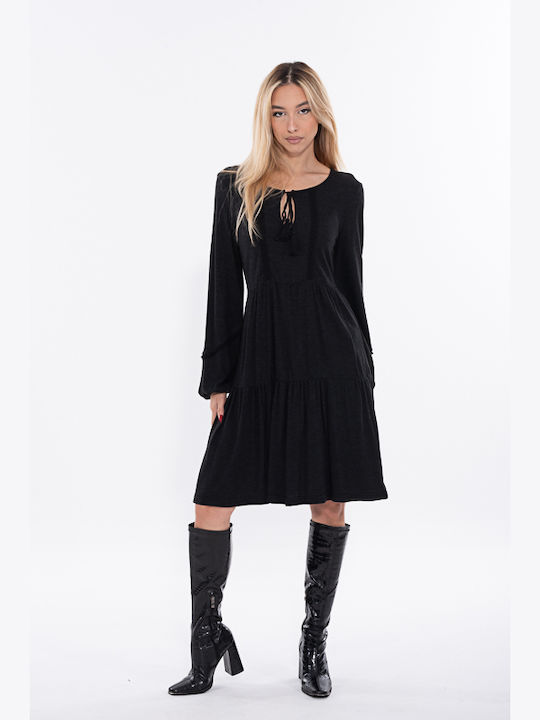Donna Martha Καλοκαιρινό Mini Φόρεμα Πλεκτό με Βολάν Μαύρο