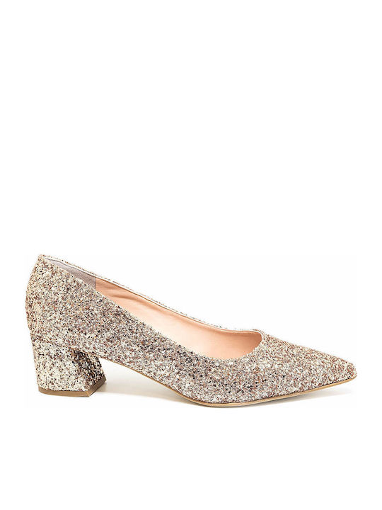Leather Pointed Toe Gold Medium Heels