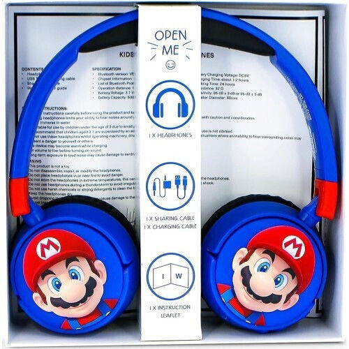 OTL Cuffie Kids Super Mario Wireless / Wired On Ear Headphones with 24 hours of Operation Red/Blue