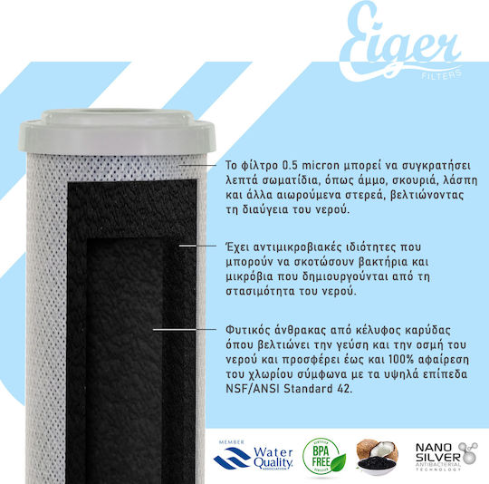 Eiger Уред за филтриране на вода Плот с чешма и резервен филтър Eiger Carbon Block Soft Антимикробен 0,5 μm WF-NT1-MD