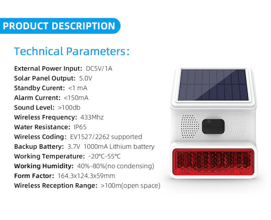 Wireless Alarm Siren Battery Outdoor 100dB 5V