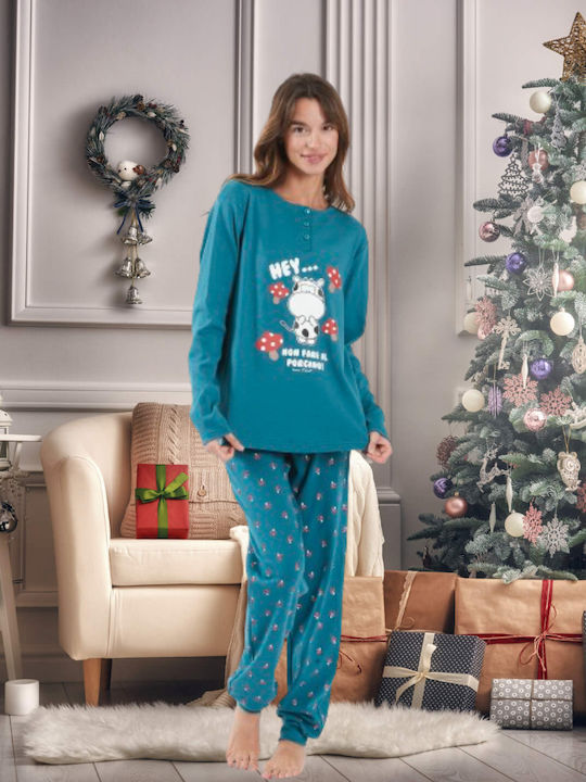 Crazy Farm Winter Women's Pyjama Set Cotton Blue