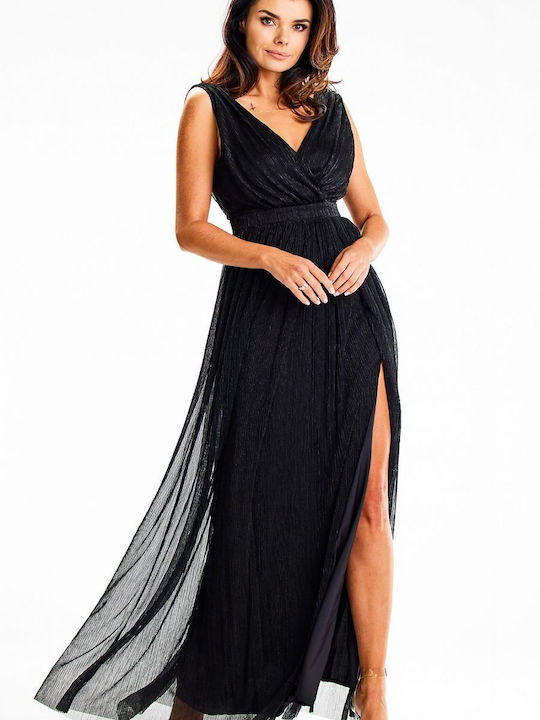 Awama Maxi Evening Dress Satin with Sheer Black