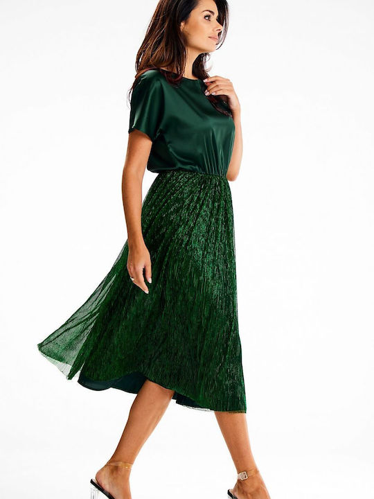 Awama Midi Evening Dress Satin with Sheer Green