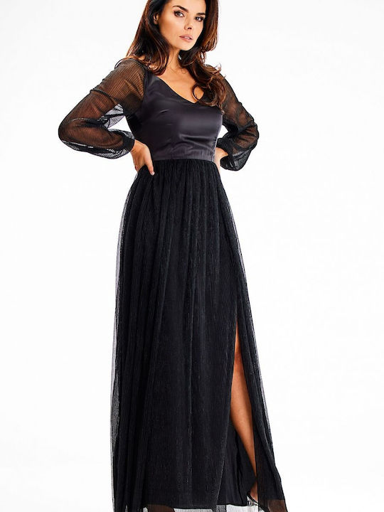 Awama Maxi Evening Dress Satin with Sheer Black