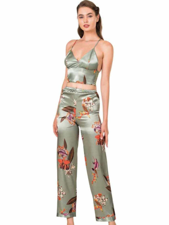 Moongirl Winter Damen Satin,σατεν Robe mit Pyjama Olive