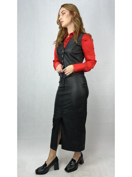 Desiree Leather Pencil High Waist Midi Skirt in Black color