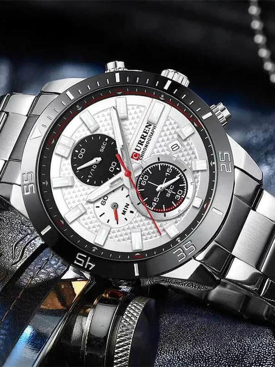 Curren Men's Watch Chronograph Battery with White Metal Bracelet