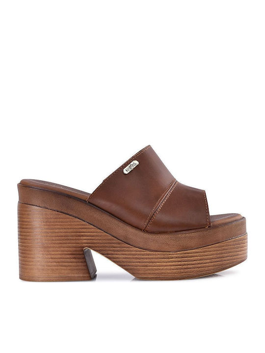 Leather Women's Sandals Tabac Brown with Chunky High Heel