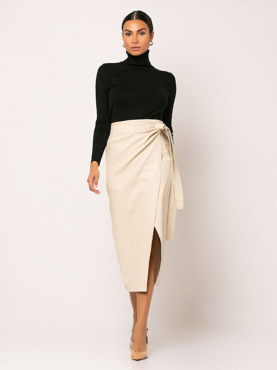 Noobass Leather High Waist Midi Envelope Skirt in Beige color