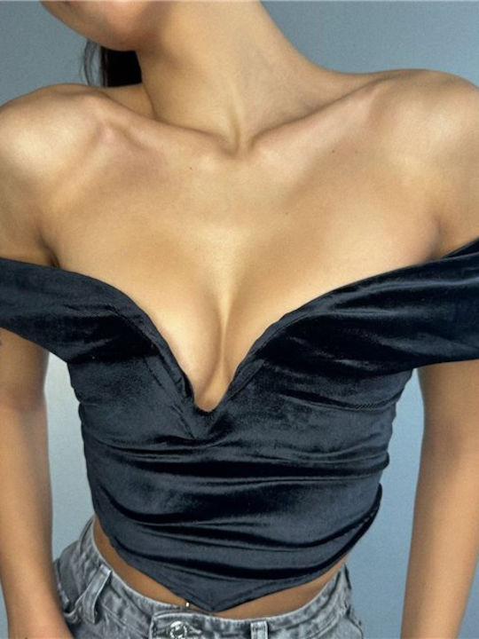 Γυναικεία Μπλούζα Βελούδινη Off-Shoulder Κοντομάνικη Μαύρο