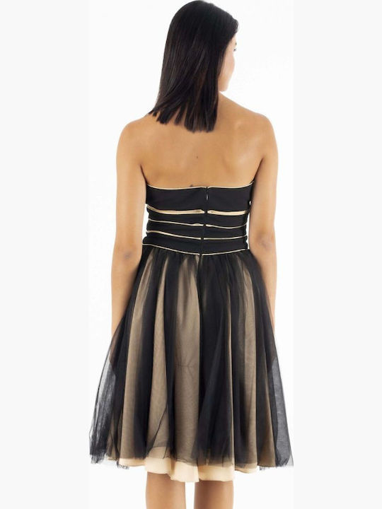Καλοκαιρινό Midi Βραδινό Φόρεμα Strapless με Τούλι Μαύρο