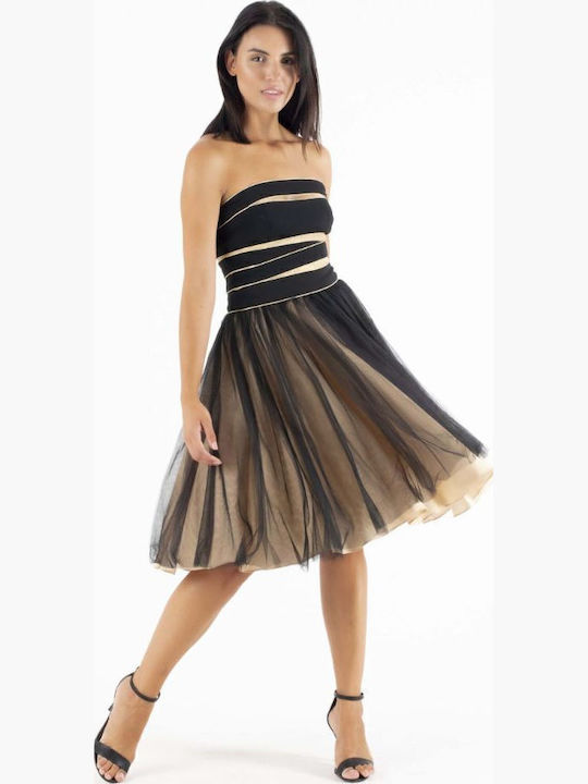 Καλοκαιρινό Midi Βραδινό Φόρεμα Strapless με Τούλι Μαύρο