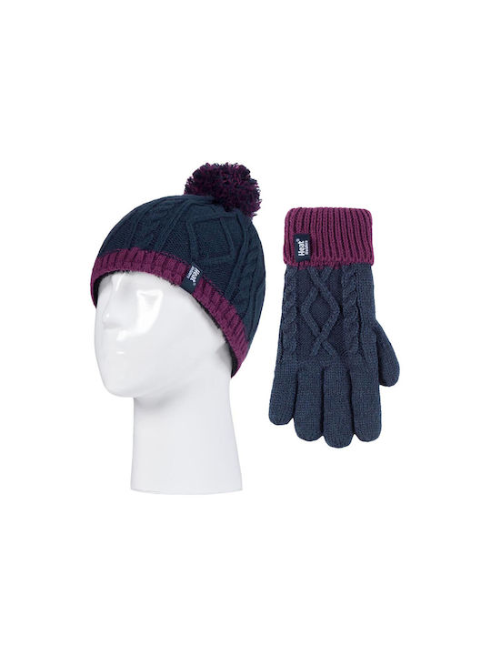 Kids Beanie Set with Gloves Knitted Navy Blue
