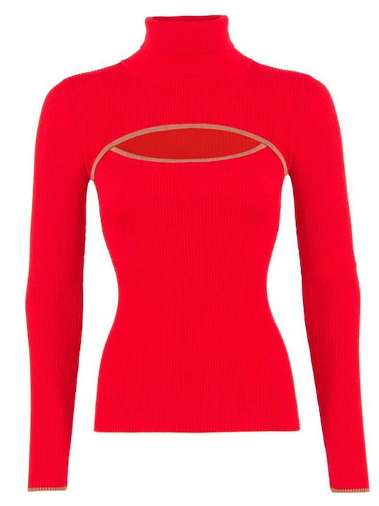 Sfizio Women's Long Sleeve Crop Pullover Turtleneck Red