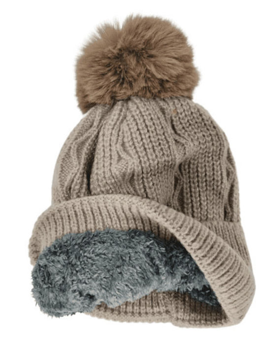 Romvous Pom Pom Beanie Unisex Σκούφος Πλεκτός σε Μπεζ χρώμα