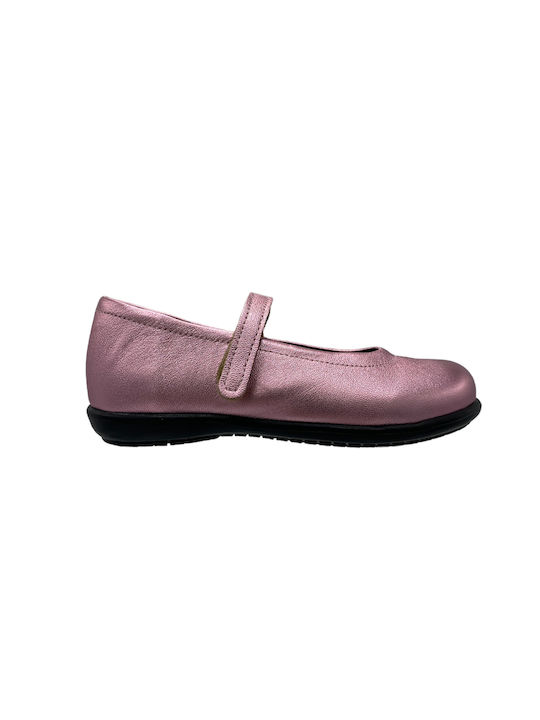 Fashion Beads Kids Leather Ballerinas with Hoop & Loop Closure Pink