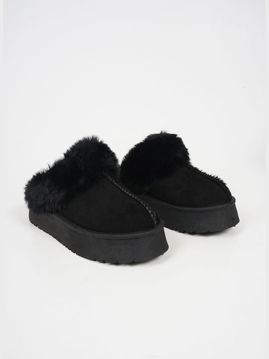 Plato Winter Women's Slippers with fur in Black color