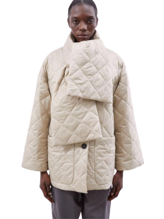 Meimeij Κοντό Γυναικείο Puffer Μπουφάν για Χειμώνα Beige