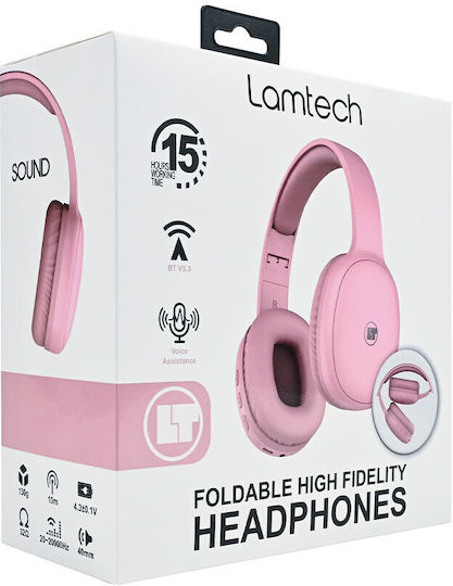 Lamtech LAM113010 Ασύρματα Bluetooth Over Ear Ακουστικά με 15 ώρες Λειτουργίας και Quick Charge Ροζ