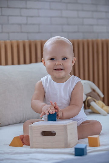 Plan Toys Играчка за сортиране на форми Кутия с геометрични форми от дърво