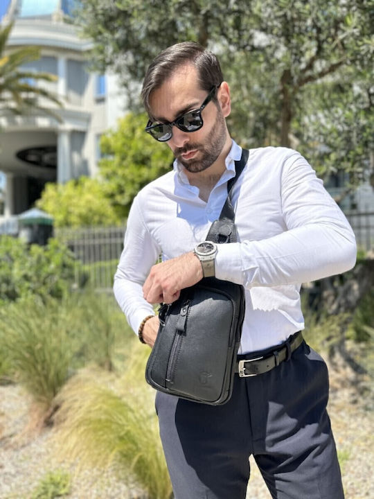 Xb 100 Δερμάτινη Ανδρική Τσάντα Στήθους Μαύρη