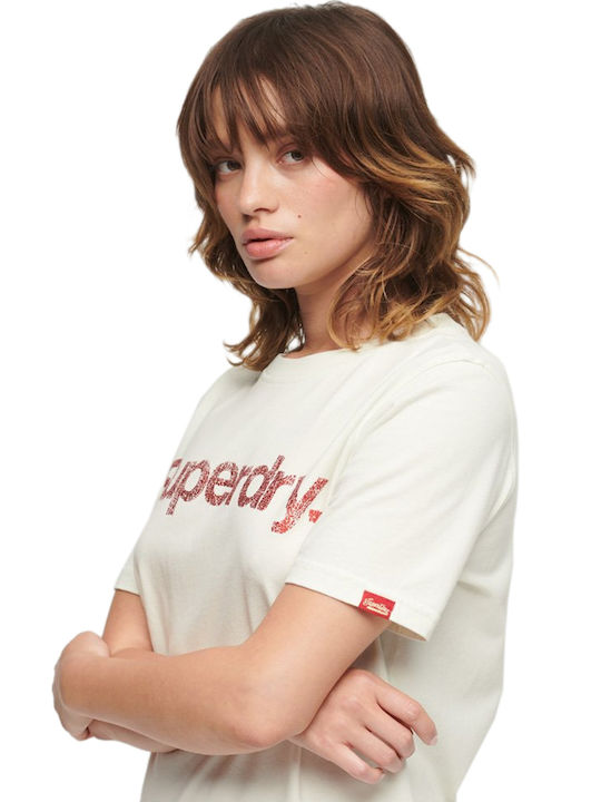 Superdry Metallic Core Logo pentru Femei de Vară Bluză Mâneci scurte White.