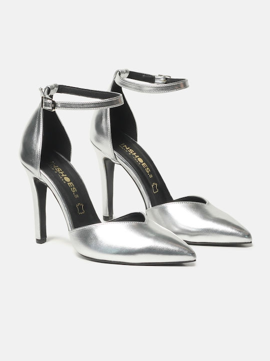 InShoes Leather Pointed Toe Silver Heels with Strap