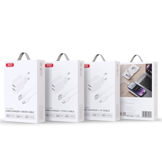 XO Charger with 2 USB-A Ports and Cable USB-C Whites (L109)
