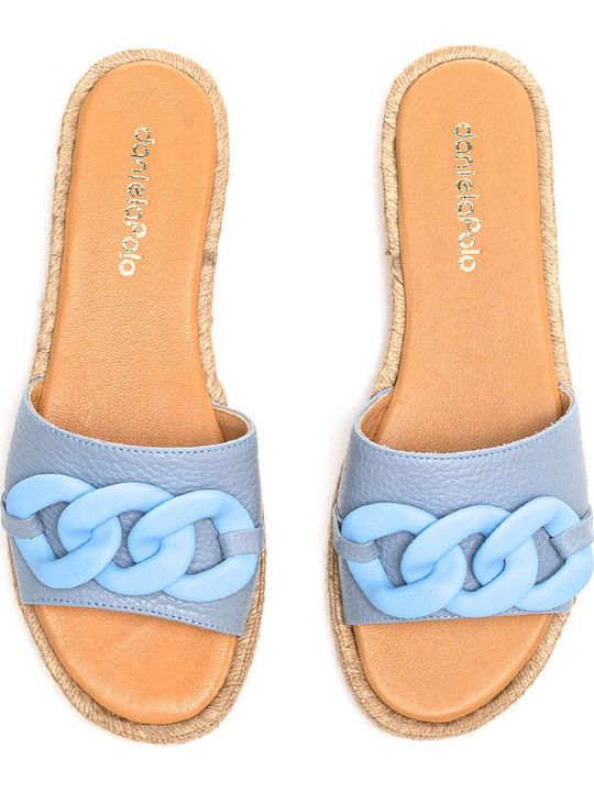 Leather Women's Flat Sandals in Light Blue Color
