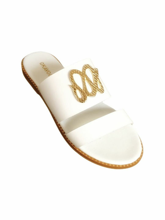 Gkavogiannis Sandals Leather Women's Flat Sandals Anatomic in White Color