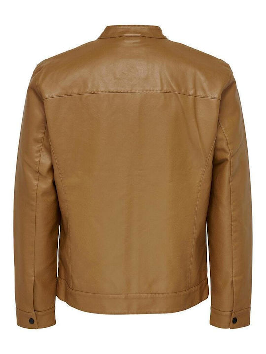 Μπουφάν από Δερματίνη Biker Cognac