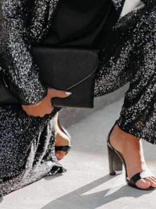 Women's High-waisted Fabric Trousers with Elastic Gray with Sequins
