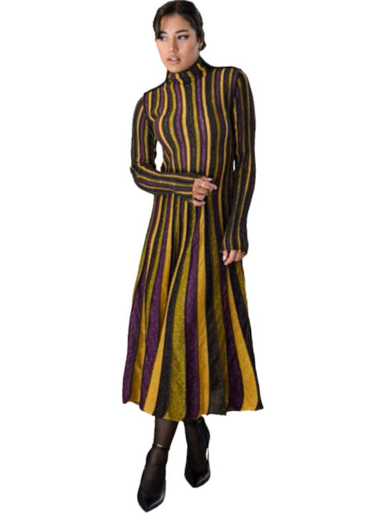 Midi Dress Knitted Grey Gold Purple