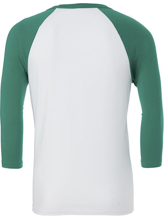 Tricou de baseball cu mânecă 3/4 Triblend Bella 3200 alb/verde Kelly