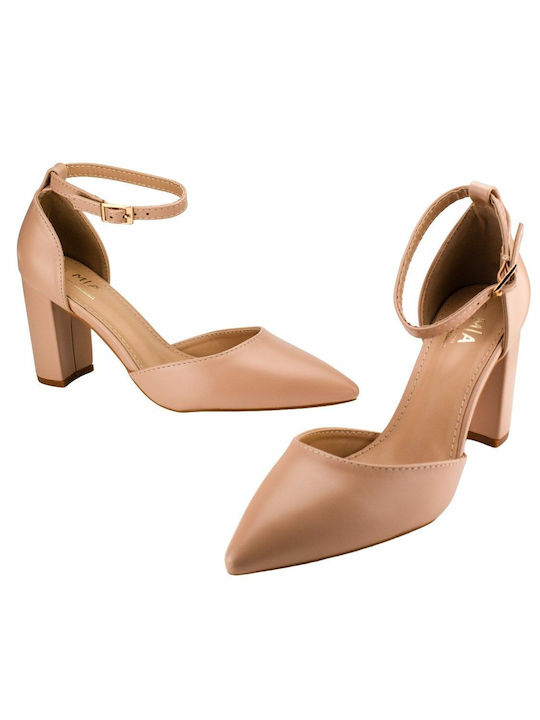 Diamantique Leder Pumps mit Riemchen & Chunky hoher Absatz Beige