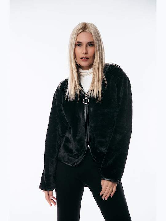 Kurz Damen Puffer Jacke für Winter Schwarz