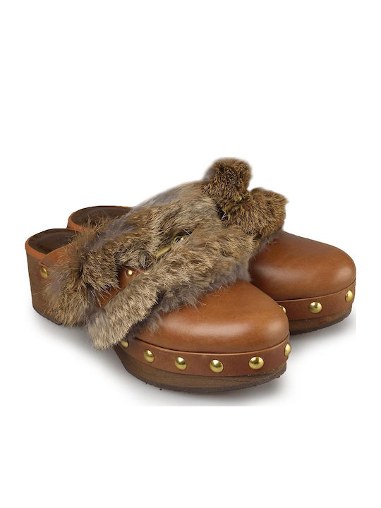 Mules with Chunky High Heel in Tabac Brown Color