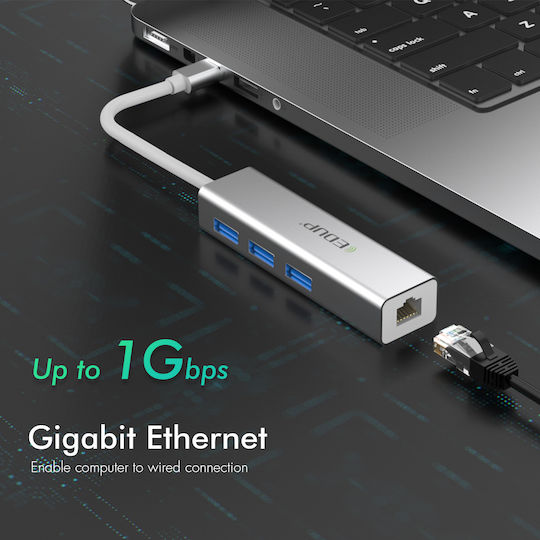EDUP USB-Hub Mit 3 Anschlüssen USB 3.0 Mit USB-C Anschluss Ethernet Silber