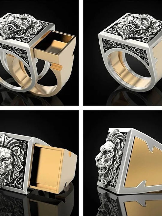 Embossed Lion Ring in Silver Tone with Gold Details