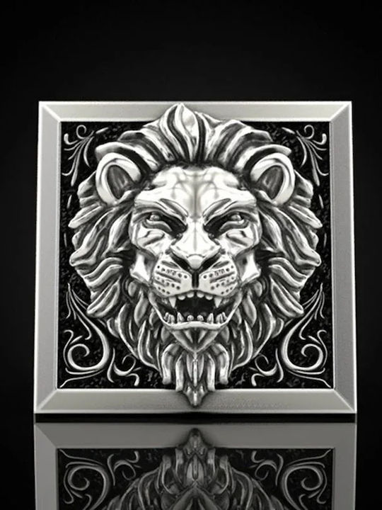 Embossed Lion Ring in Silver Tone with Gold Details