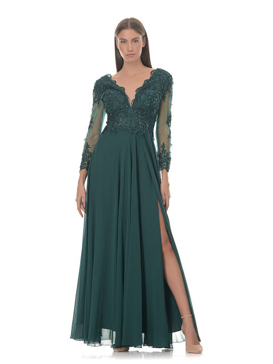 Farmaki Maxi Evening Dress with Lace & Sheer Green