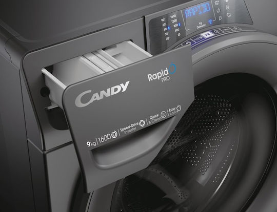 Candy RapidÓ PRO Πλυντήριο Ρούχων 9kg με Τεχνολογία Ατμού 1600 Στροφών Snap & Wash Γκρι RP 696BWMRR/1-S
